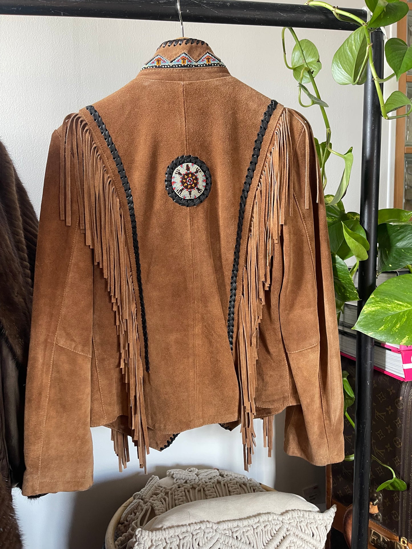 Western Inspired Brown Suede Tassel Jacket With Multicolour Beading & Black Leather Woven Details