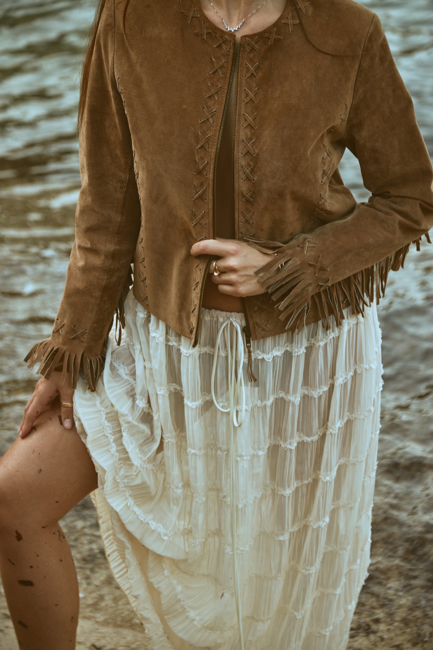 Western Inspired Woven Tassel Detail Zip Up Suede Brown Jacket