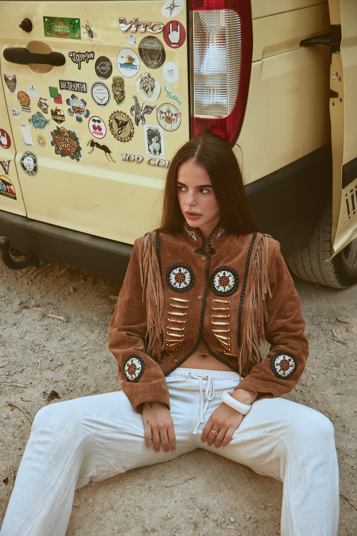 Western Inspired Brown Suede Tassel Jacket With Multicolour Beading & Black Leather Woven Details