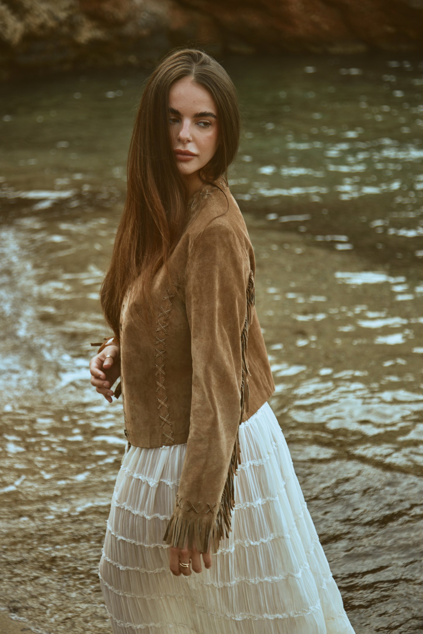 Western Inspired Woven Tassel Detail Zip Up Suede Brown Jacket