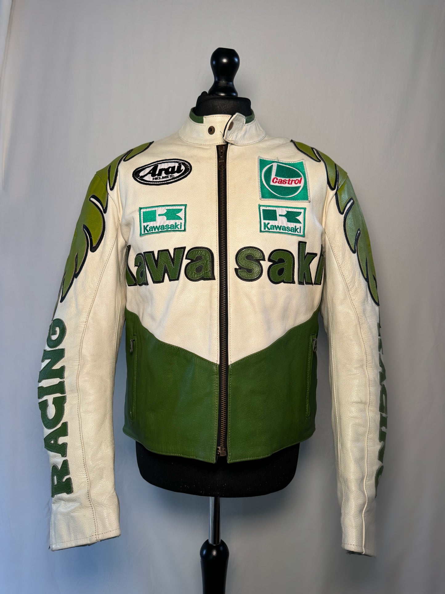 Kawasaki Green Leather Racing Jacket Size Large