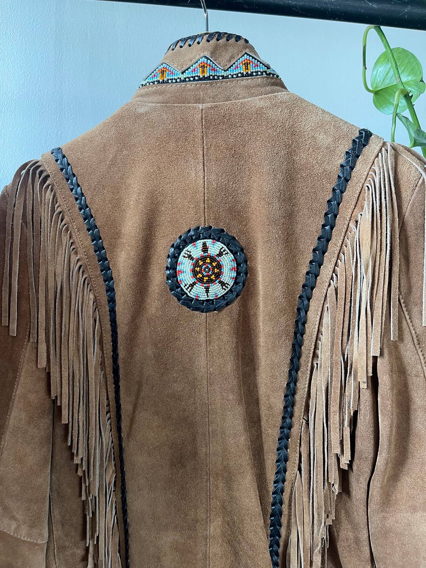 Western Inspired Brown Suede Tassel Jacket With Multicolour Beading & Black Leather Woven Details