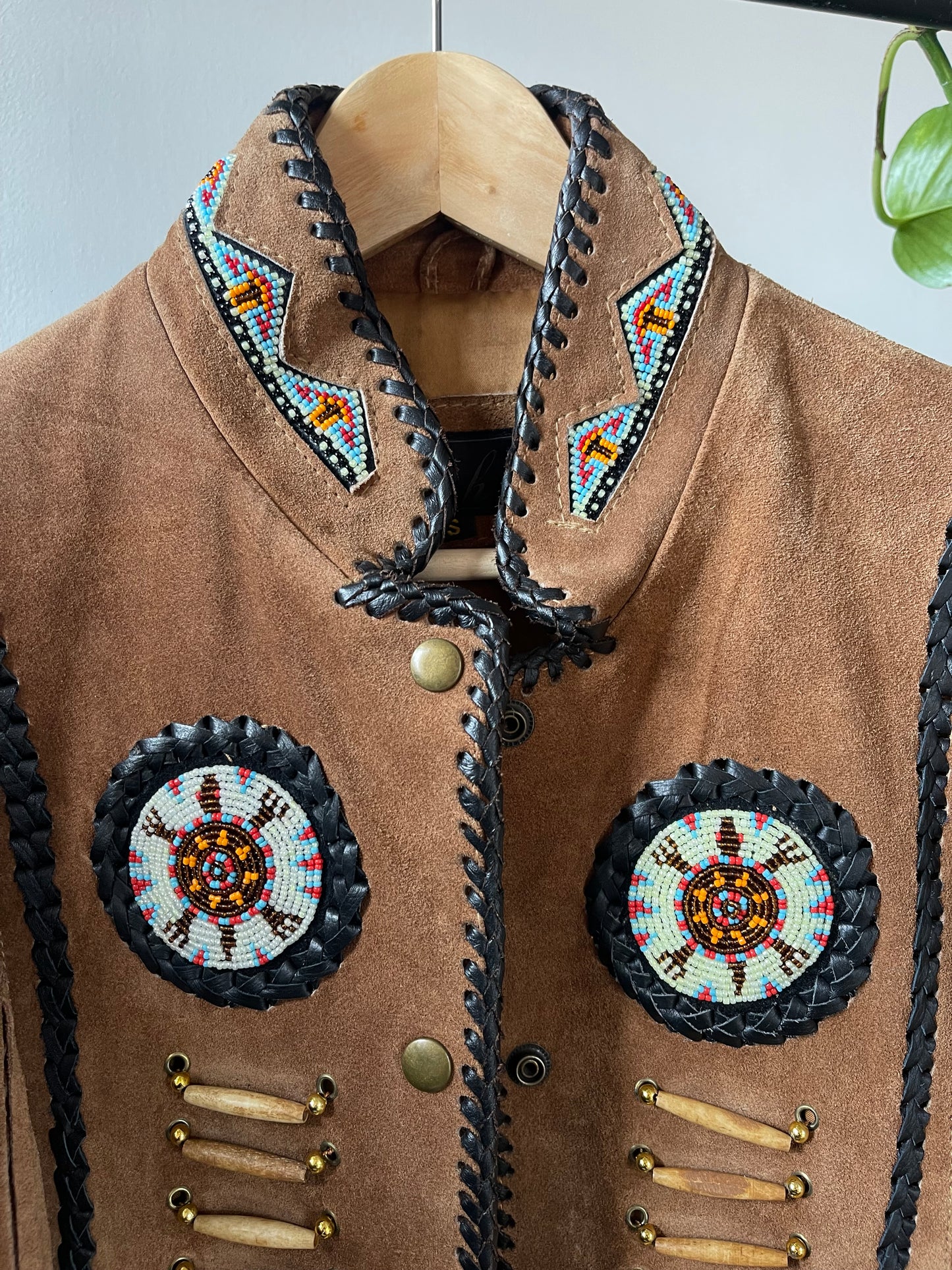 Western Inspired Brown Suede Tassel Jacket With Multicolour Beading & Black Leather Woven Details