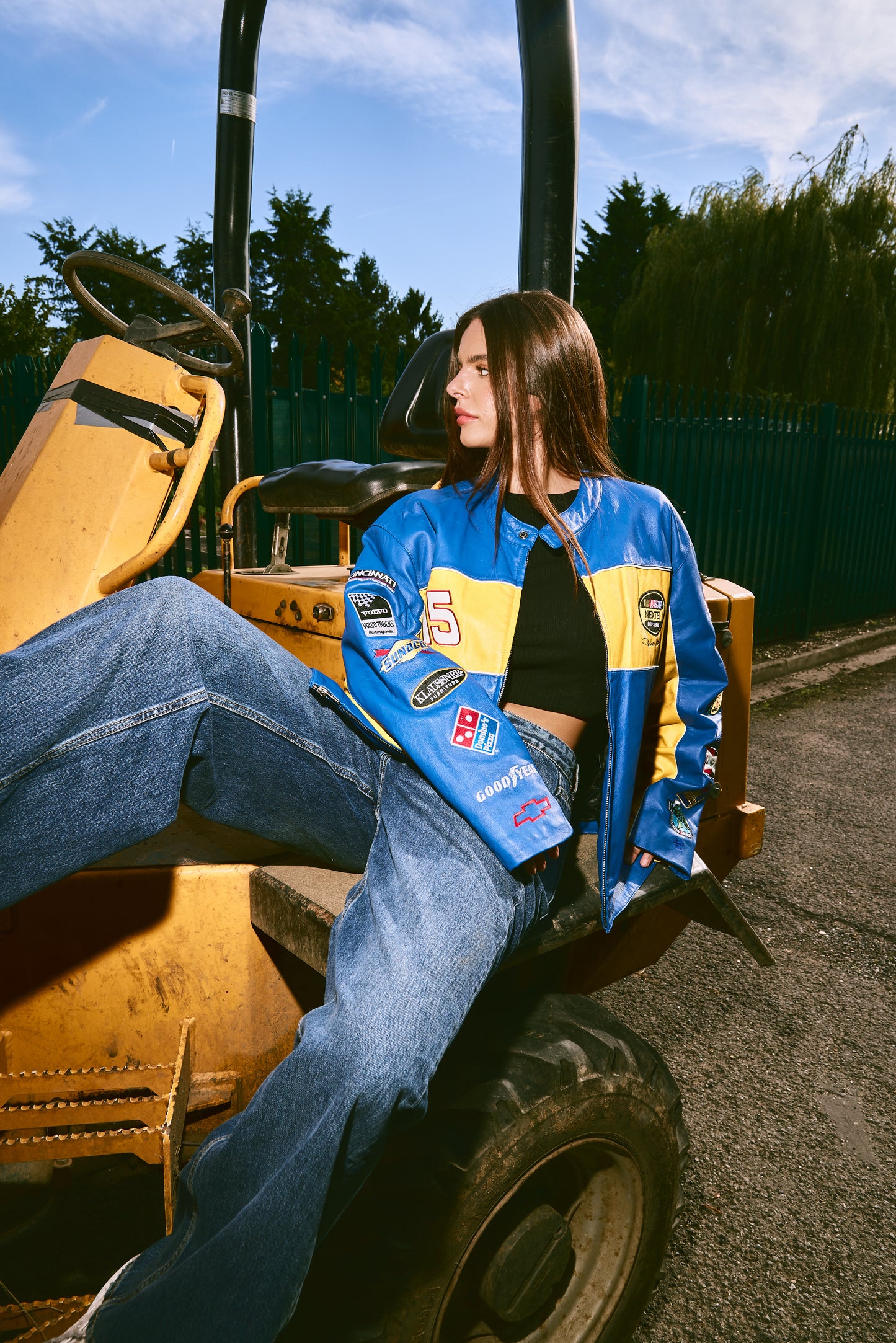 Blue & Yellow Leather Badge Lightweight Biker Jacket Unisex