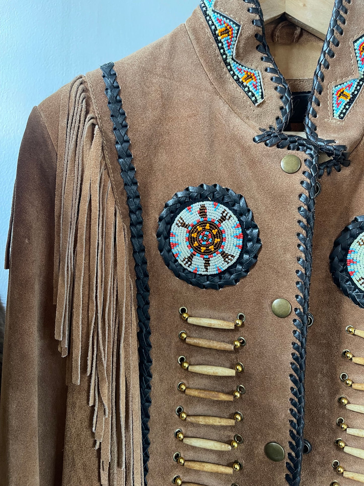 Western Inspired Brown Suede Tassel Jacket With Multicolour Beading & Black Leather Woven Details