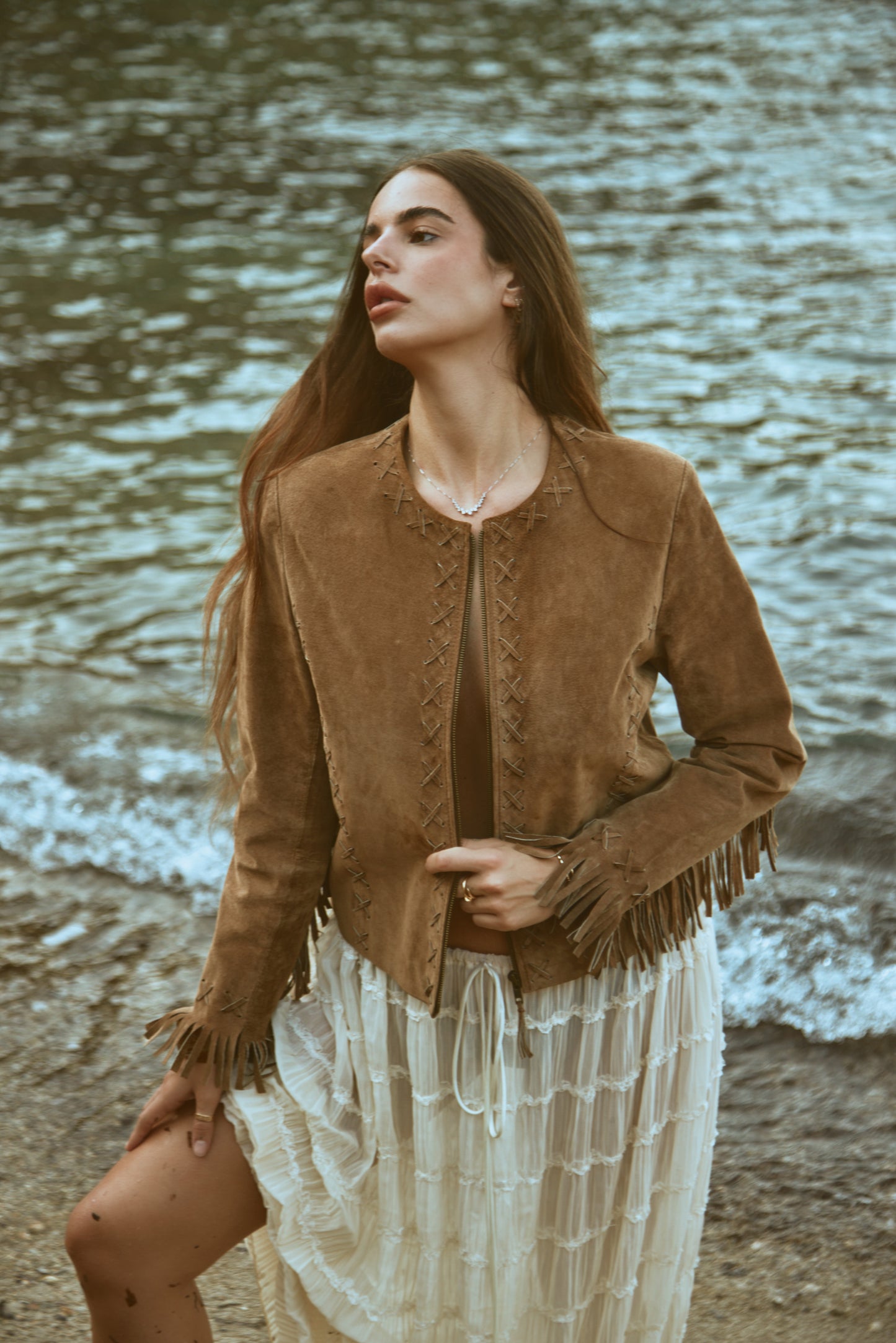 Western Inspired Woven Tassel Detail Zip Up Suede Brown Jacket