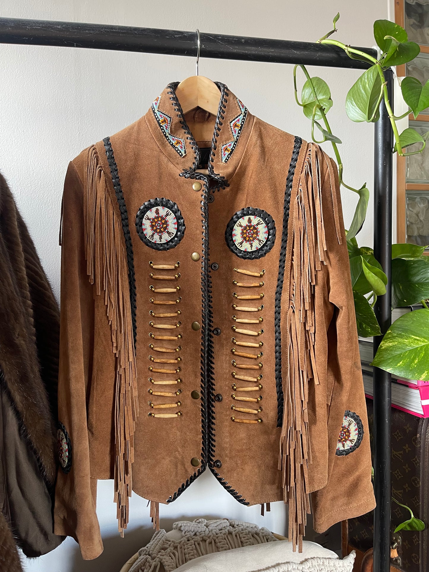 Western Inspired Brown Suede Tassel Jacket With Multicolour Beading & Black Leather Woven Details