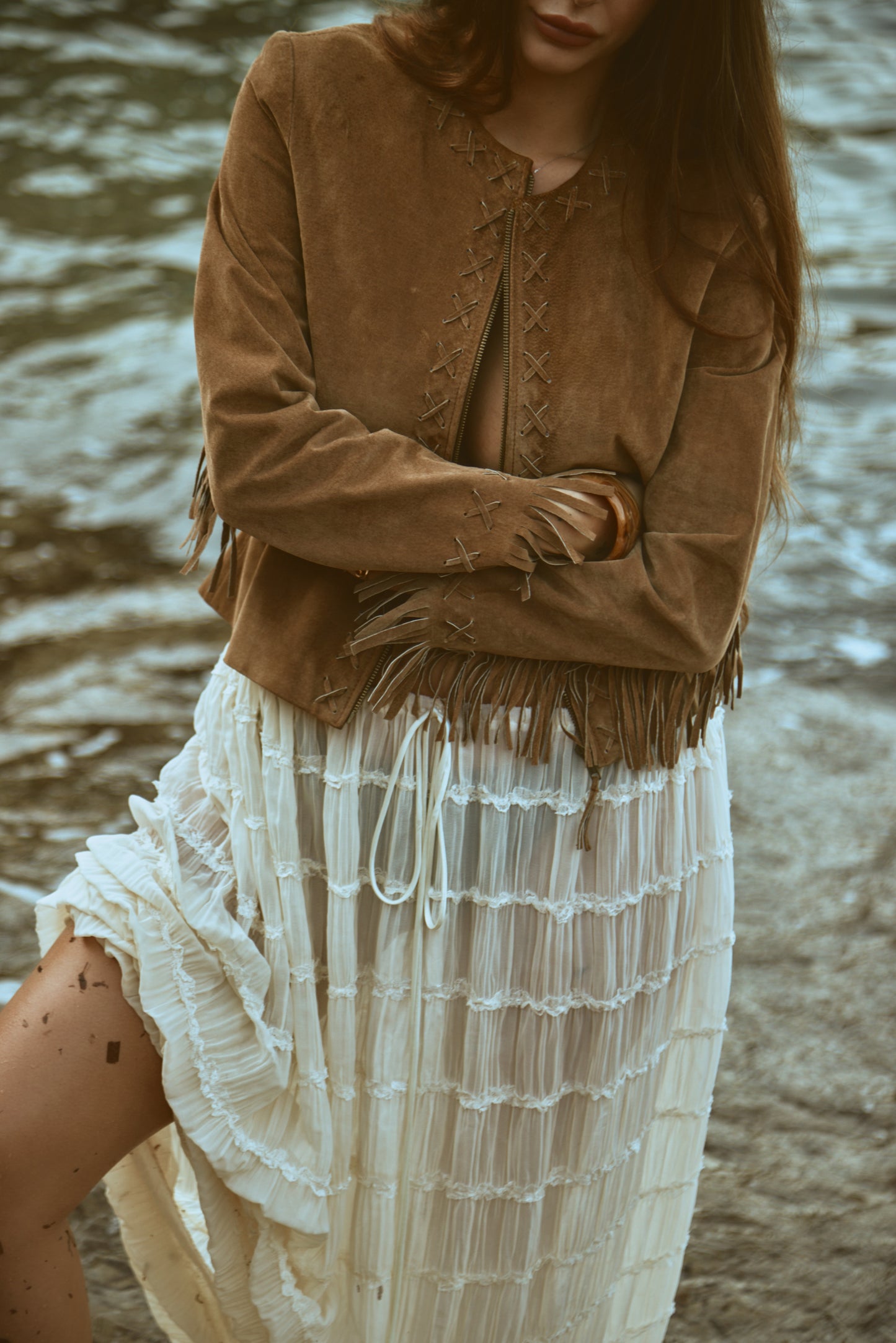 Western Inspired Woven Tassel Detail Zip Up Suede Brown Jacket