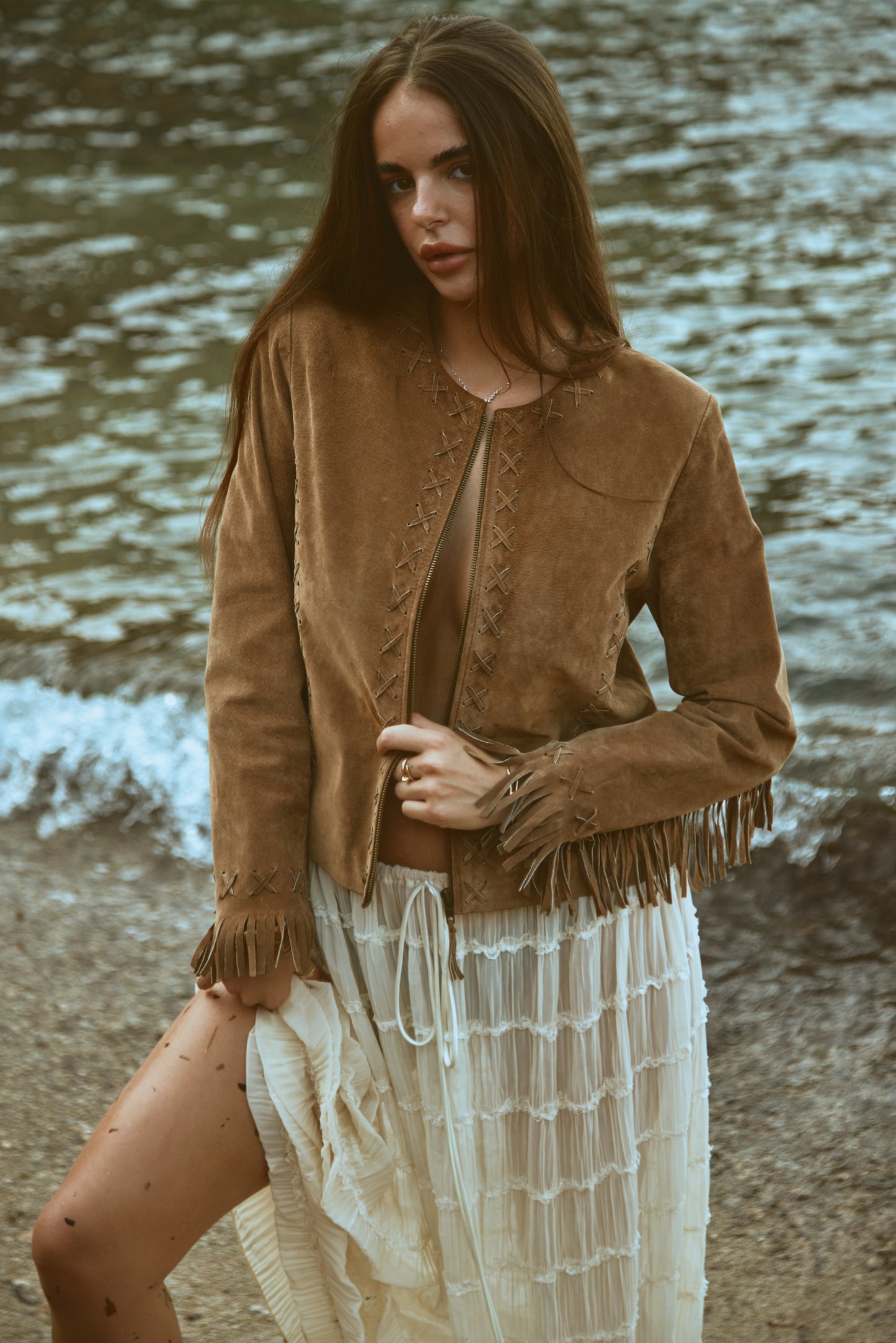 Western Inspired Woven Tassel Detail Zip Up Suede Brown Jacket