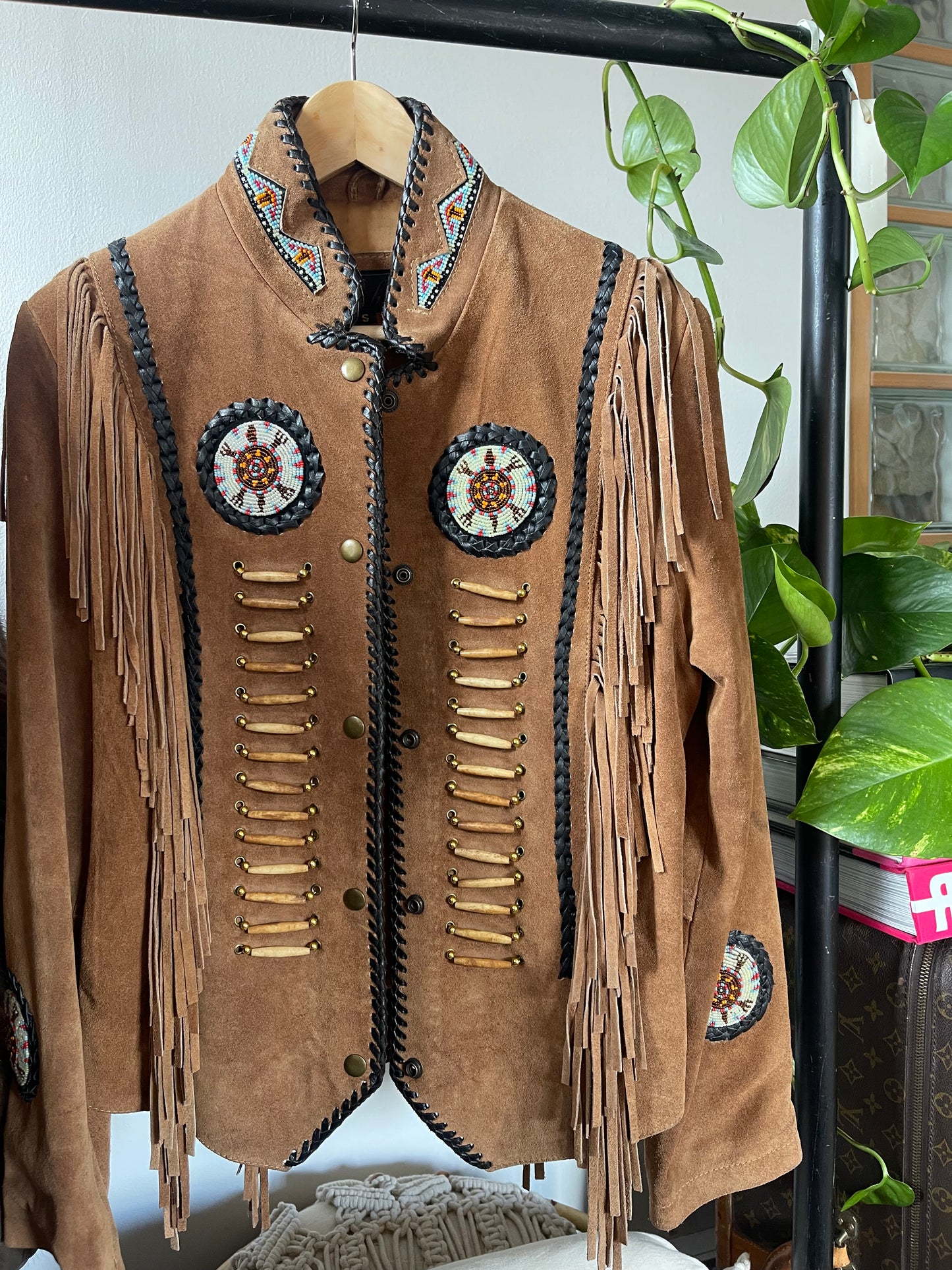 Western Inspired Brown Suede Tassel Jacket With Multicolour Beading & Black Leather Woven Details