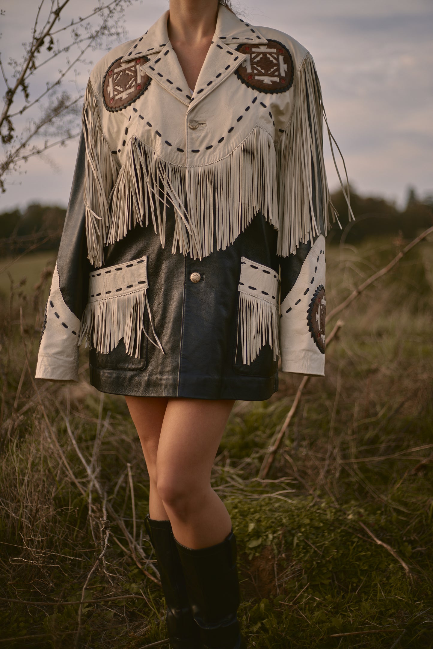 Fringe Leather Black & Cream Blazer