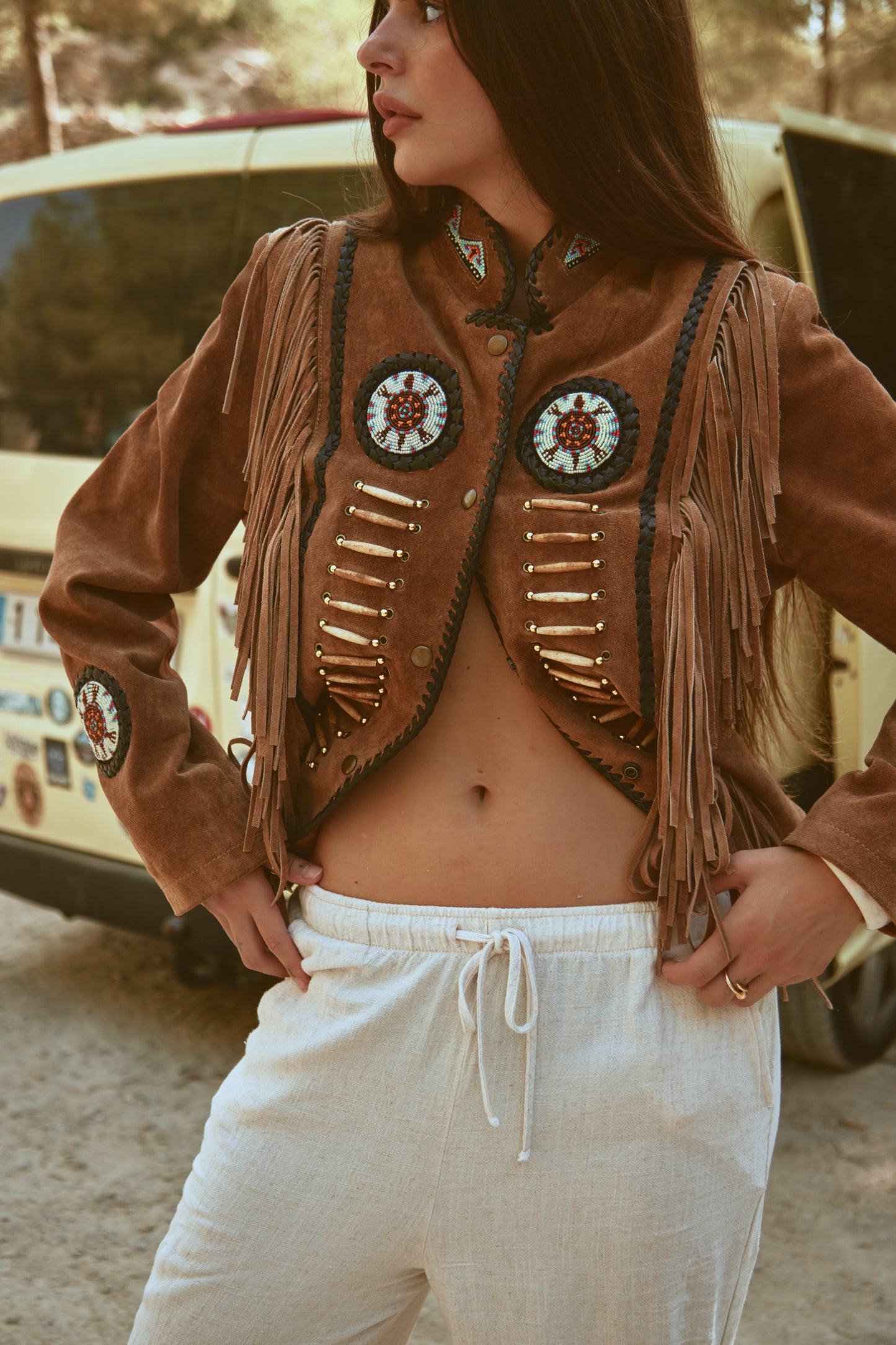 Western Inspired Brown Suede Tassel Jacket With Multicolour Beading & Black Leather Woven Details