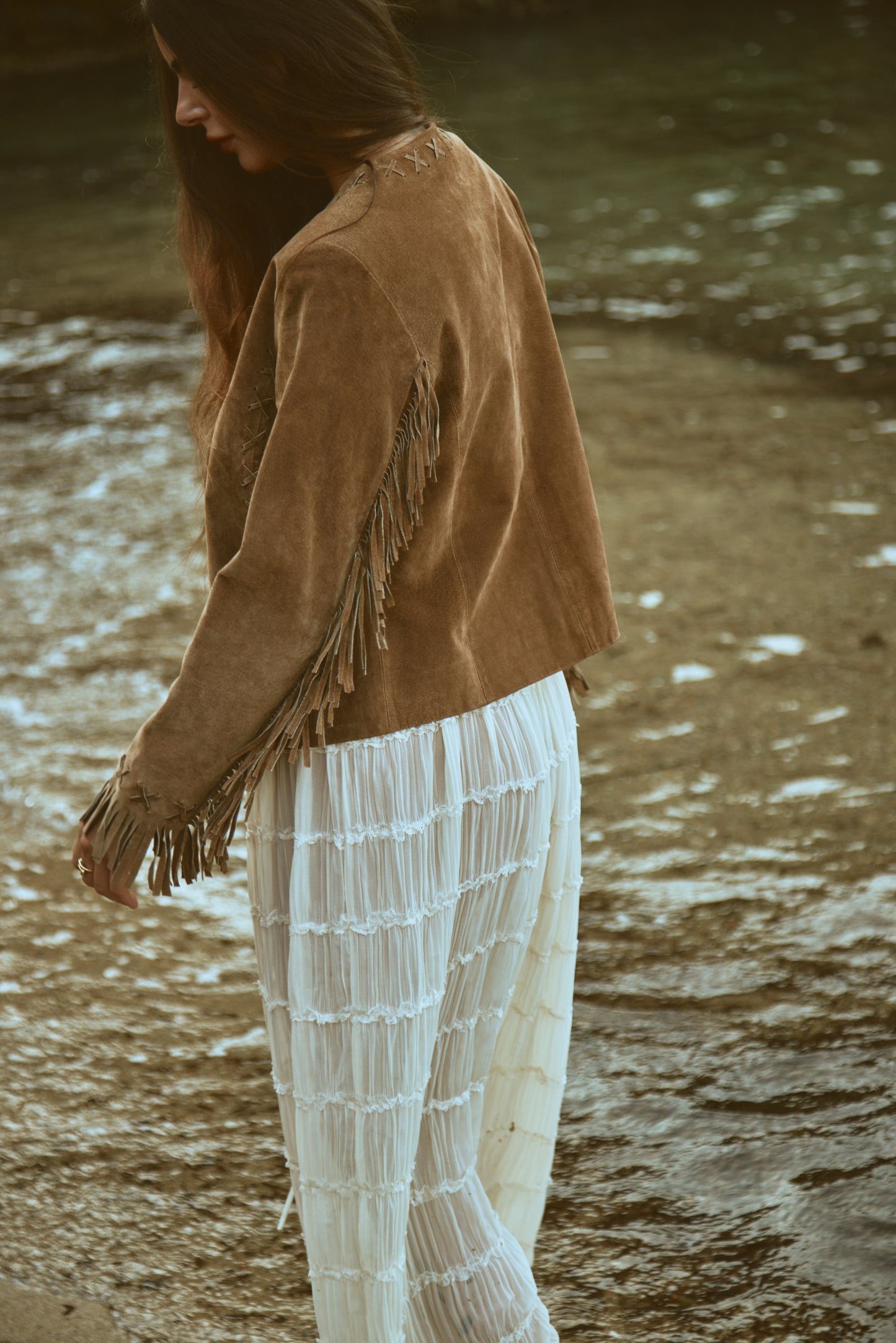 Western Inspired Woven Tassel Detail Zip Up Suede Brown Jacket