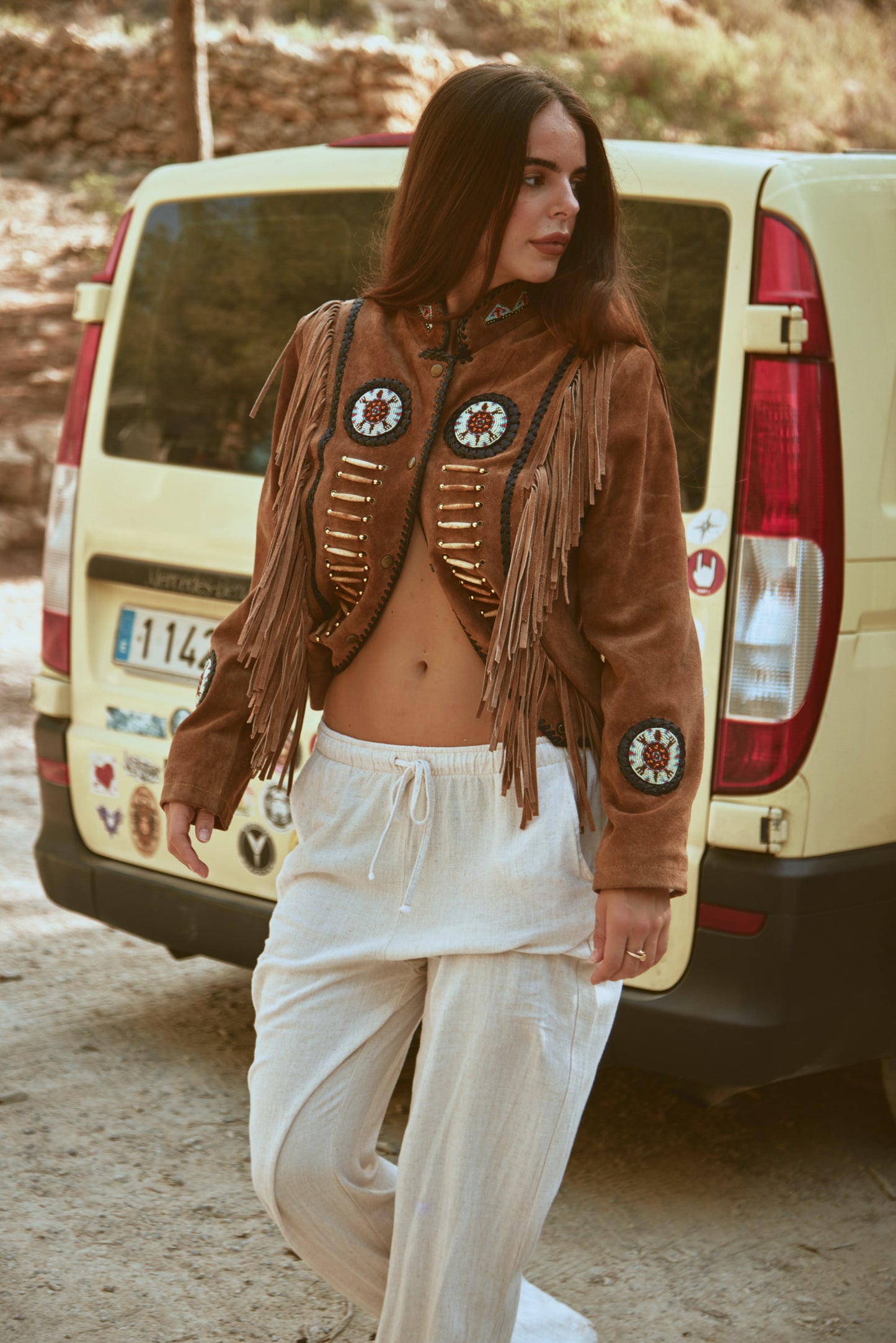 Western Inspired Brown Suede Tassel Jacket With Multicolour Beading & Black Leather Woven Details